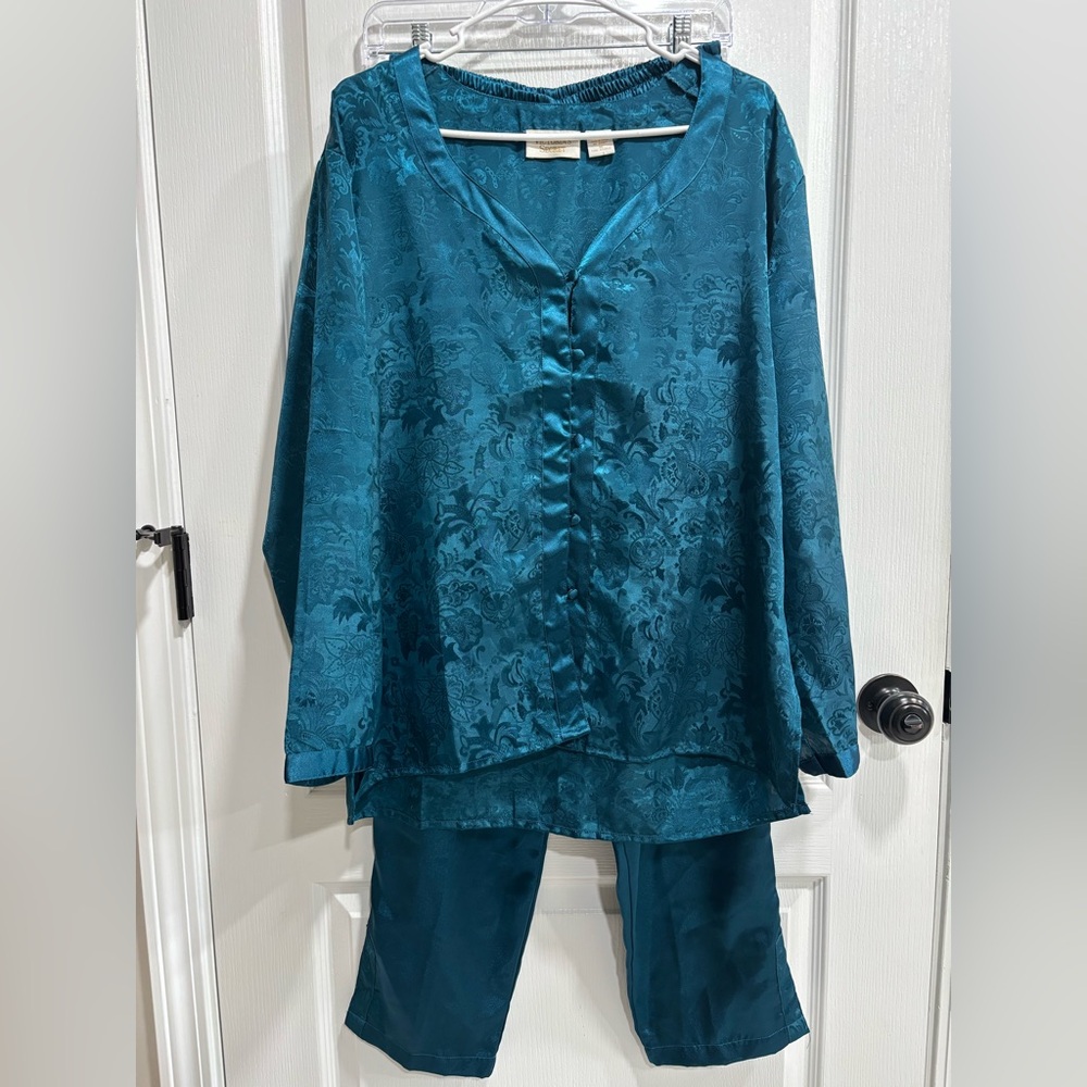 Victoria's Secret Vintage Gold Label Teal Jacquard Satin Pajama Pant Set, Medium
